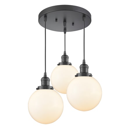 A large image of the Innovations Lighting 211/3-8 Beacon Oil Rubbed Bronze / Matte White Cased