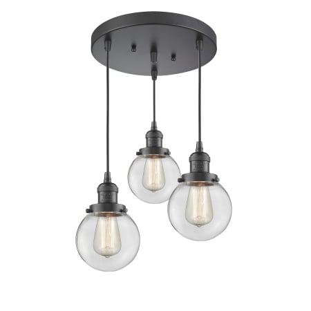 A large image of the Innovations Lighting 211/3-6 Beacon Oil Rubbed Bronze / Clear