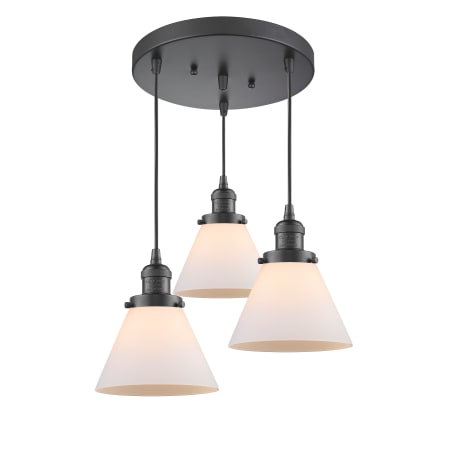 A large image of the Innovations Lighting 211/3 Large Cone Oiled Rubbed Bronze / Matte White Cased