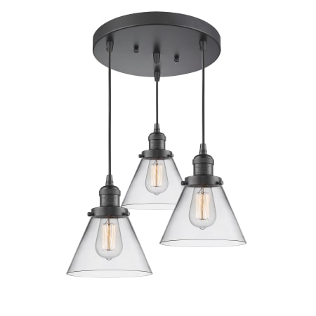 A large image of the Innovations Lighting 211/3 Large Cone Oiled Rubbed Bronze / Clear