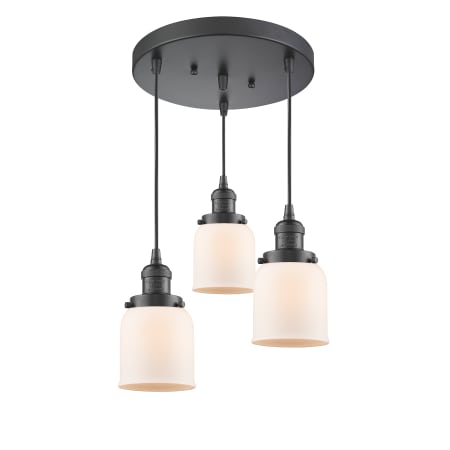 A large image of the Innovations Lighting 211/3 Small Bell Oiled Rubbed Bronze / Matte White Cased
