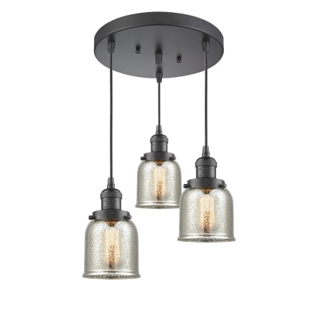 A large image of the Innovations Lighting 211/3 Small Bell Oil Rubbed Bronze / Silver Mercury