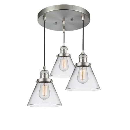 A large image of the Innovations Lighting 211/3 Large Cone Brushed Satin Nickel / Clear