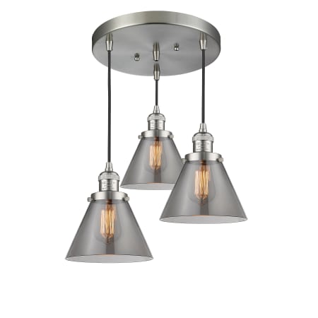 A large image of the Innovations Lighting 211/3 Large Cone Brushed Satin Nickel / Smoked
