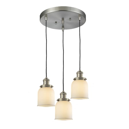 A large image of the Innovations Lighting 211/3 Small Bell Brushed Satin Nickel / Matte White Cased