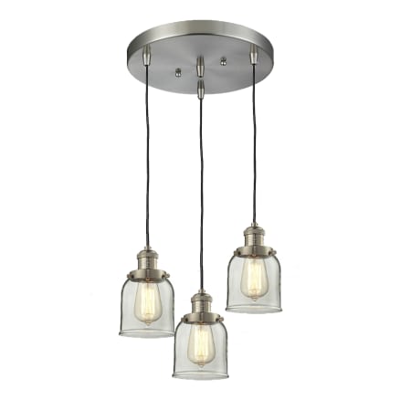 A large image of the Innovations Lighting 211/3 Small Bell Brushed Satin Nickel / Clear