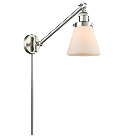 A large image of the Innovations Lighting 237 Small Cone Satin Brushed Nickel / Matte White Cased