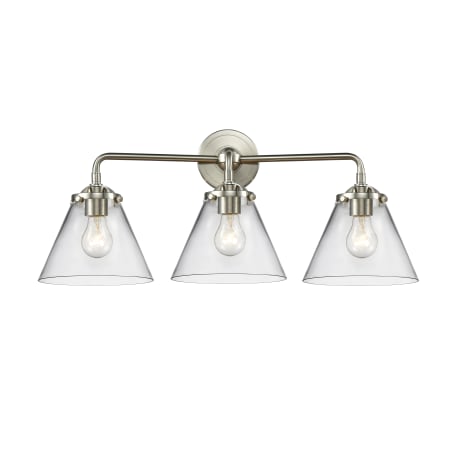 A large image of the Innovations Lighting 284-3W Large Cone Brushed Satin Nickel / Clear