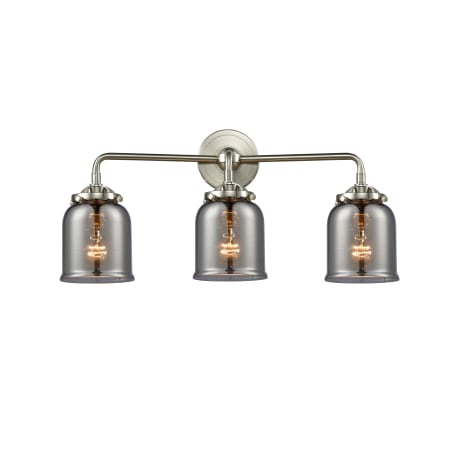 A large image of the Innovations Lighting 284-3W Small Bell Brushed Satin Nickel / Smoked