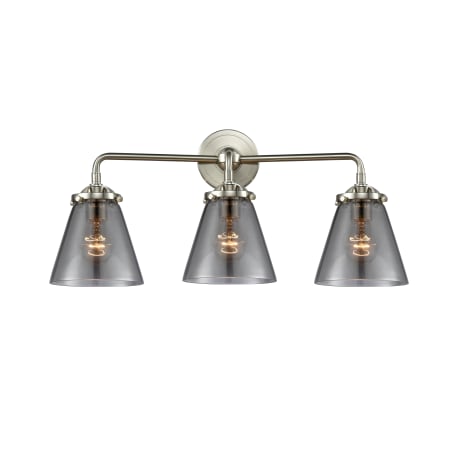 A large image of the Innovations Lighting 284-3W Small Cone Brushed Satin Nickel / Smoked