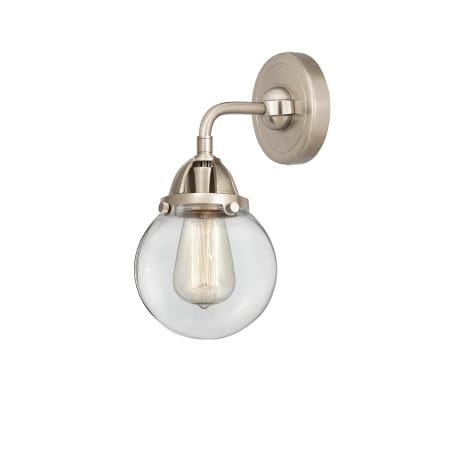 A large image of the Innovations Lighting 288-1W-10-6 Beacon Sconce Brushed Satin Nickel / Clear