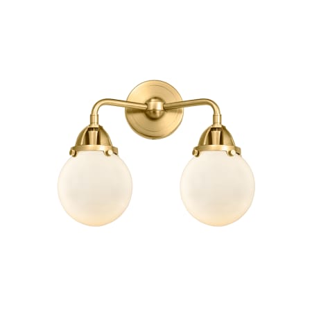 A large image of the Innovations Lighting 288-2W-13-14 Beacon Vanity Satin Gold / Matte White