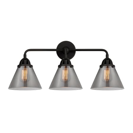 A large image of the Innovations Lighting 288-3W-10-26 Cone Vanity Matte Black / Plated Smoke