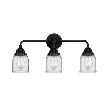 A large image of the Innovations Lighting 288-3W-10-23 Bell Vanity Matte Black / Clear