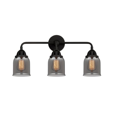 A large image of the Innovations Lighting 288-3W-10-23 Bell Vanity Matte Black / Plated Smoke