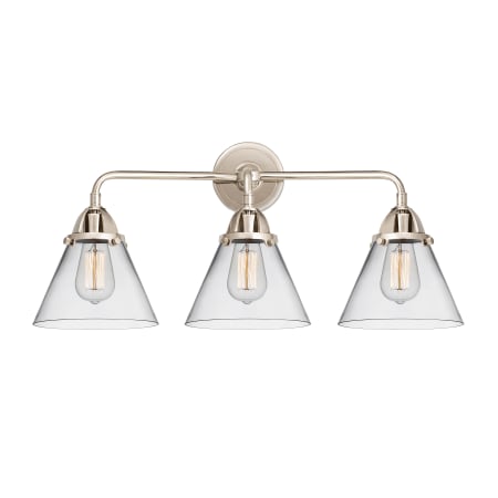 A large image of the Innovations Lighting 288-3W-10-26 Cone Vanity Polished Nickel / Clear