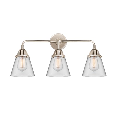 A large image of the Innovations Lighting 288-3W-10-24 Cone Vanity Polished Nickel / Clear