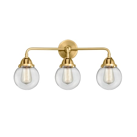 A large image of the Innovations Lighting 288-3W-10-24 Beacon Vanity Satin Gold / Clear