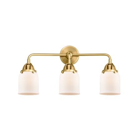 A large image of the Innovations Lighting 288-3W-11-23 Bell Vanity Satin Gold / Matte White