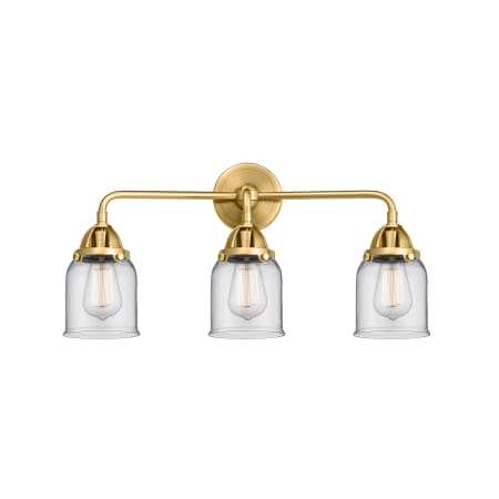 A large image of the Innovations Lighting 288-3W-10-23 Bell Vanity Satin Gold / Clear