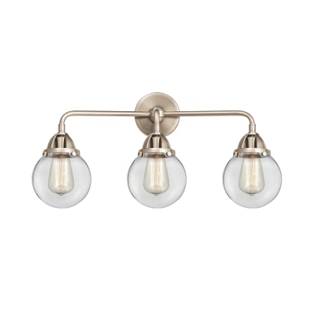 A large image of the Innovations Lighting 288-3W-10-24 Beacon Vanity Brushed Satin Nickel / Clear