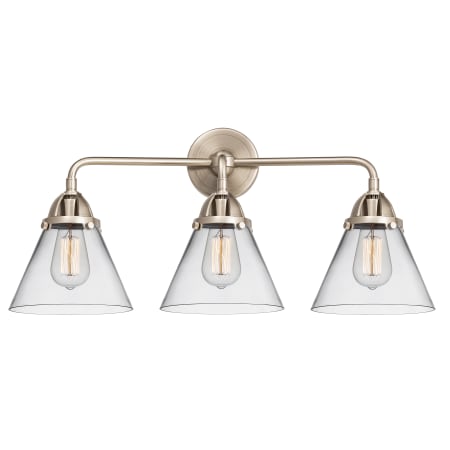 A large image of the Innovations Lighting 288-3W-10-26 Cone Vanity Brushed Satin Nickel / Clear