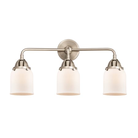 A large image of the Innovations Lighting 288-3W-10-23 Bell Vanity Brushed Satin Nickel / Matte White