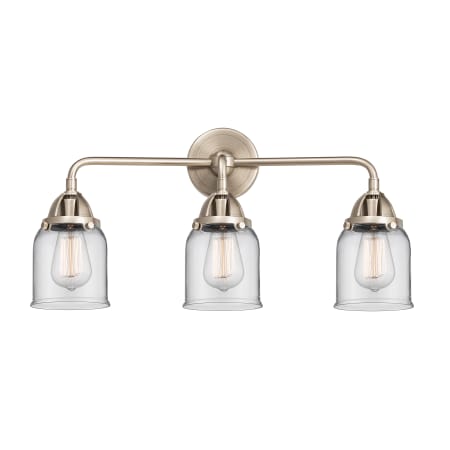 A large image of the Innovations Lighting 288-3W-10-23 Bell Vanity Brushed Satin Nickel / Clear