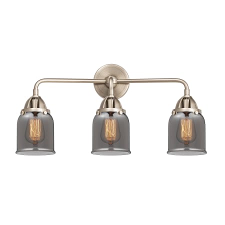 A large image of the Innovations Lighting 288-3W-10-23 Bell Vanity Brushed Satin Nickel / Plated Smoke