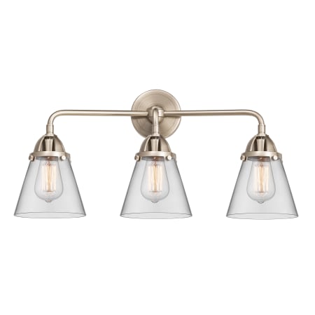 A large image of the Innovations Lighting 288-3W-10-24 Cone Vanity Brushed Satin Nickel / Clear