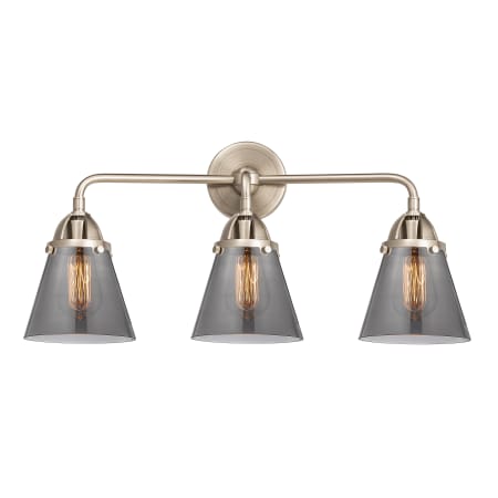 A large image of the Innovations Lighting 288-3W-10-24 Cone Vanity Brushed Satin Nickel / Plated Smoke