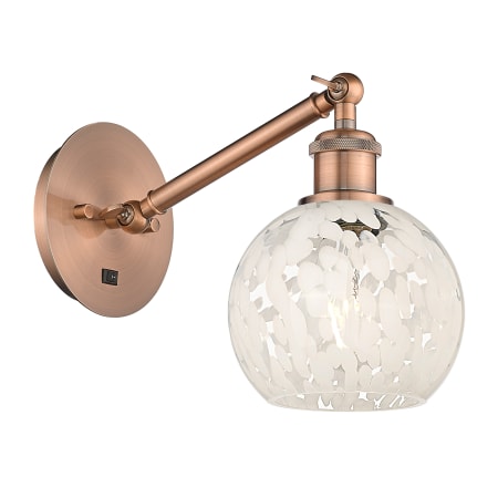 A large image of the Innovations Lighting 317-1W-8-6 White Mouchette Sconce Antique Copper