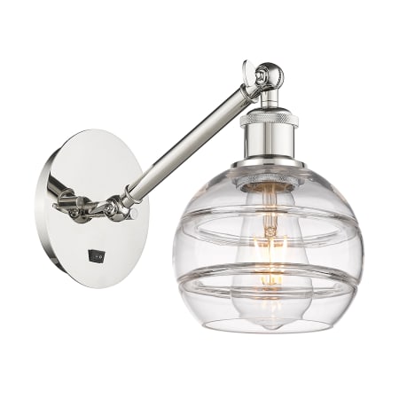 A large image of the Innovations Lighting 317-1W-8-6 Rochester Sconce Polished Nickel / Clear