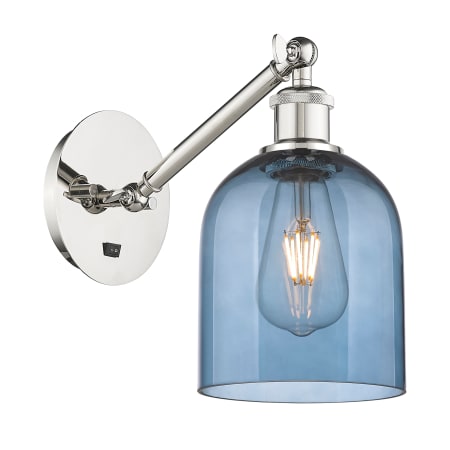 A large image of the Innovations Lighting 317-1W-10-6 Bella Sconce Polished Nickel / Princess Blue