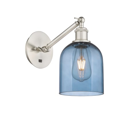 A large image of the Innovations Lighting 317-1W-10-6 Bella Sconce Brushed Satin Nickel / Princess Blue