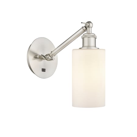 A large image of the Innovations Lighting 317-1W-13-5 Clymer Sconce Brushed Satin Nickel / Matte White