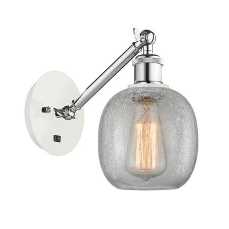A large image of the Innovations Lighting 317-1W-13-6 Belfast Sconce White and Polished Chrome / Clear Crackle