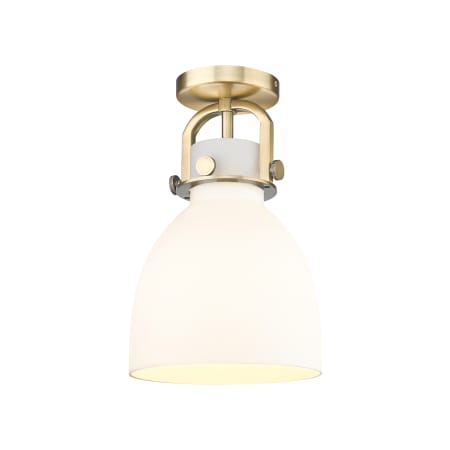 A large image of the Innovations Lighting 410-1F-13-8 Newton Bell Flush Brushed Brass / Matte White