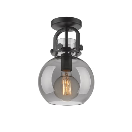A large image of the Innovations Lighting 410-1F-12-8 Newton Sphere Flush Matte Black / Plated Smoke