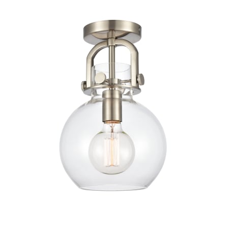 A large image of the Innovations Lighting 410-1F-12-8 Newton Sphere Flush Satin Nickel / Clear