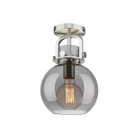 A large image of the Innovations Lighting 410-1F-12-8 Newton Sphere Flush Satin Nickel / Plated Smoke