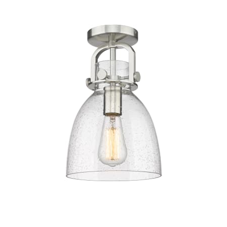 A large image of the Innovations Lighting 410-1F-13-8 Newton Bell Flush Satin Nickel / Seedy