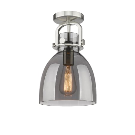 A large image of the Innovations Lighting 410-1F-13-8 Newton Bell Flush Satin Nickel / Plated Smoke