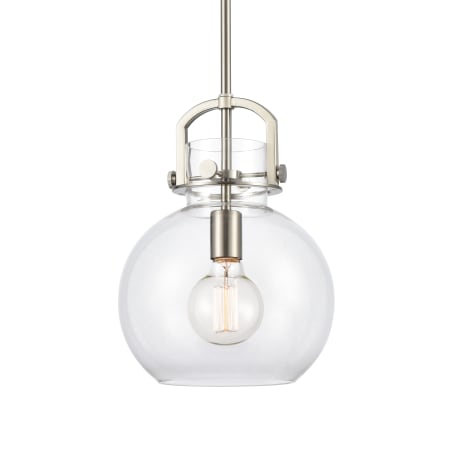 A large image of the Innovations Lighting 410-1SM-15-10 Newton Sphere Pendant Satin Nickel / Clear