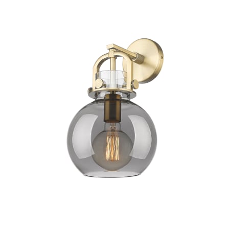 A large image of the Innovations Lighting 410-1W-14-8 Newton Sphere Sconce Brushed Brass / Plated Smoke