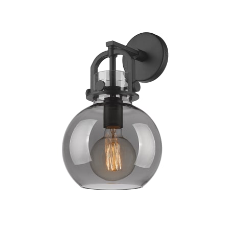 A large image of the Innovations Lighting 410-1W-14-8 Newton Sphere Sconce Matte Black / Plated Smoke