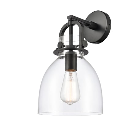 A large image of the Innovations Lighting 410-1W-15-8 Newton Bell Sconce Matte Black / Clear