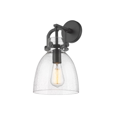 A large image of the Innovations Lighting 410-1W-15-8 Newton Bell Sconce Matte Black / Seedy