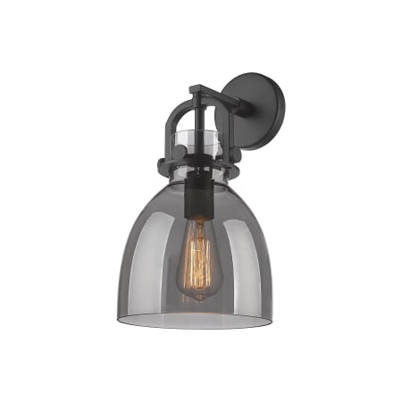 A large image of the Innovations Lighting 410-1W-15-8 Newton Bell Sconce Matte Black / Plated Smoke