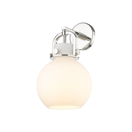 A large image of the Innovations Lighting 410-1W-14-8 Newton Sphere Sconce Polished Nickel / Matte White